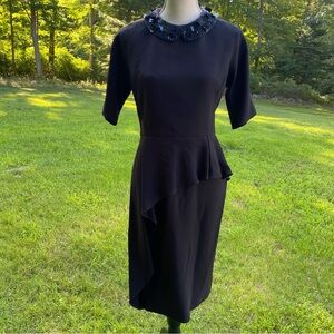 TERI JON DRESS SHEATH BLACK SHORT SLEEVE BEADED COLLAR ASYMMETRICAL PEPLUM Sz 6